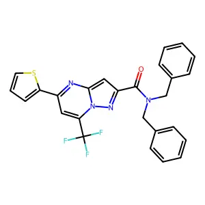 N,N-dibenzyl-5-(thiophen-2-yl)-7-(trifluoromethyl)pyrazolo[1,5-a]pyrimidine-2-carboxamide structure