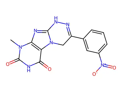 9-methyl-3-(3-nitrophenyl)-1H,4H,6H,7H,8H,9H-[1,2,4]triazino[4,3-g]purine-6,8-dione structure