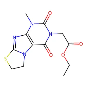ethyl (1-methyl-2,4-dioxo-1,4,6,7-tetrahydro[1,3]thiazolo[2,3-f]purin-3(2H)-yl)acetate structure