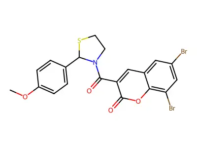 6,8-dibromo-3-(2-(4-methoxyphenyl)thiazolidine-3-carbonyl)-2H-chromen-2-one structure