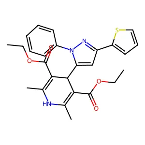 diethyl 2,6-dimethyl-4-(2-phenyl-5-thiophen-2-ylpyrazol-3-yl)-1,4-dihydropyridine-3,5-dicarboxylate structure