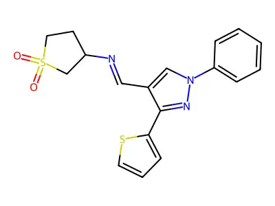 (E)-3-(((1-phenyl-3-(thiophen-2-yl)-1H-pyrazol-4-yl)methylene)amino)tetrahydrothiophene 1,1-dioxide structure