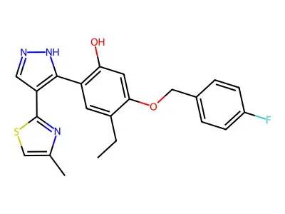 4-ethyl-5-[(4-fluorobenzyl)oxy]-2-[4-(4-methyl-1,3-thiazol-2-yl)-1H-pyrazol-3-yl]phenol structure