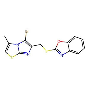 2-[(5-bromo-3-methylimidazo[2,1-b][1,3]thiazol-6-yl)methylsulfanyl]-1,3-benzoxazole structure