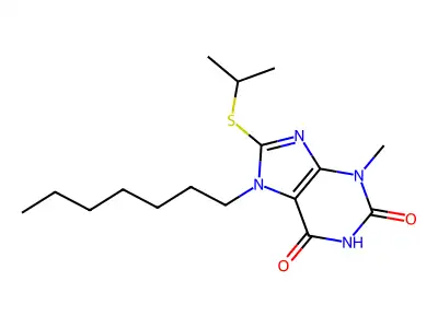 7-heptyl-8-(isopropylthio)-3-methyl-1H-purine-2,6(3H,7H)-dione structure