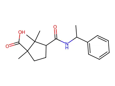 1,2,2-Trimethyl-3-[(1-phenylethyl)carbamoyl]cyclopentanecarboxylic acid structure