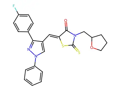(5Z)-5-{[3-(4-fluorophenyl)-1-phenyl-1H-pyrazol-4-yl]methylidene}-3-(tetrahydrofuran-2-ylmethyl)-2-thioxo-1,3-thiazolidin-4-one structure