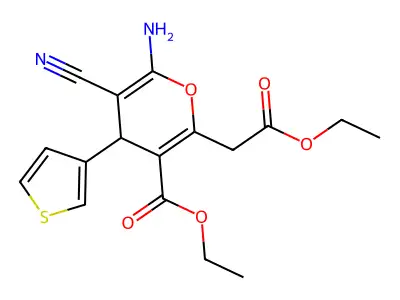 ethyl 6-amino-5-cyano-2-(2-ethoxy-2-oxoethyl)-4-(thiophen-3-yl)-4H-pyran-3-carboxylate structure