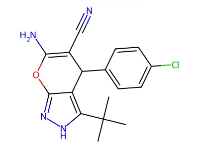 6-amino-3-tert-butyl-4-(4-chlorophenyl)-2,4-dihydropyrano[2,3-c]pyrazole-5-carbonitrile structure
