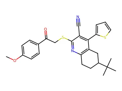 6-tert-butyl-2-[2-(4-methoxyphenyl)-2-oxoethyl]sulfanyl-4-thiophen-2-yl-5,6,7,8-tetrahydroquinoline-3-carbonitrile structure