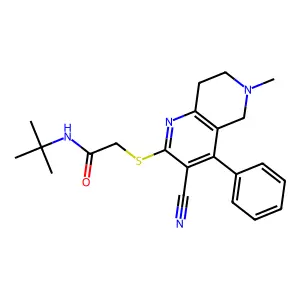 N-tert-butyl-2-[(3-cyano-6-methyl-4-phenyl-7,8-dihydro-5H-1,6-naphthyridin-2-yl)sulfanyl]acetamide structure