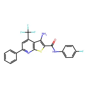 3-amino-N-(4-fluorophenyl)-6-phenyl-4-(trifluoromethyl)thieno[2,3-b]pyridine-2-carboxamide structure