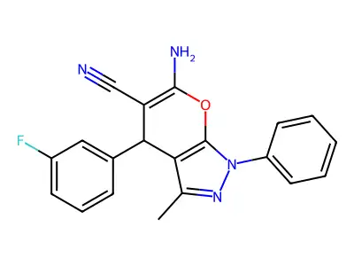 6-amino-4-(3-fluorophenyl)-3-methyl-1-phenyl-1,4-dihydropyrano[2,3-c]pyrazole-5-carbonitrile structure