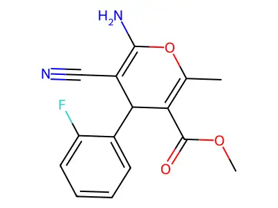 methyl 6-amino-5-cyano-4-(2-fluorophenyl)-2-methyl-4H-pyran-3-carboxylate structure