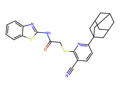 2-{[6-(adamantan-1-yl)-3-cyanopyridin-2-yl]sulfanyl}-N-(1,3-benzothiazol-2-yl)acetamide structure