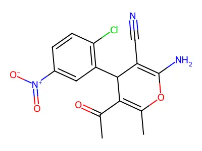 5-acetyl-2-amino-4-(2-chloro-5-nitrophenyl)-6-methyl-4H-pyran-3-carbonitrile structure