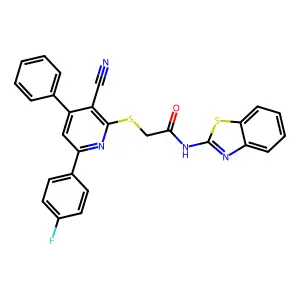 N-(1,3-benzothiazol-2-yl)-2-[3-cyano-6-(4-fluorophenyl)-4-phenylpyridin-2-yl]sulfanylacetamide structure