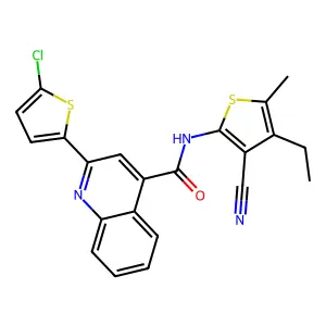 2-(5-chlorothiophen-2-yl)-N-(3-cyano-4-ethyl-5-methylthiophen-2-yl)quinoline-4-carboxamide structure