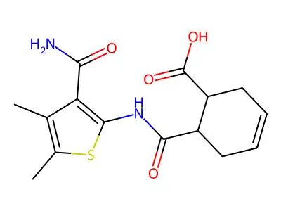 6-[(3-carbamoyl-4,5-dimethylthiophen-2-yl)carbamoyl]cyclohex-3-ene-1-carboxylic acid structure
