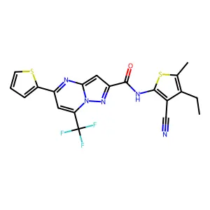 N-(3-cyano-4-ethyl-5-methylthiophen-2-yl)-5-thiophen-2-yl-7-(trifluoromethyl)pyrazolo[1,5-a]pyrimidine-2-carboxamide structure