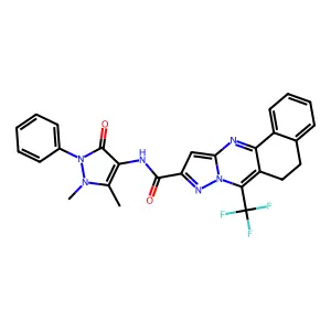 N-(1,5-dimethyl-3-oxo-2-phenyl-2,3-dihydro-1H-pyrazol-4-yl)-7-(trifluoromethyl)-5,6-dihydrobenzo[h]pyrazolo[5,1-b]quinazoline-10-carboxamide structure