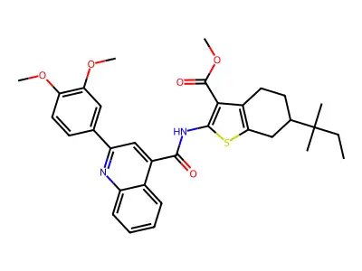 methyl 2-({[2-(3,4-dimethoxyphenyl)-4-quinolinyl]carbonyl}amino)-6-tert-pentyl-4,5,6,7-tetrahydro-1-benzothiophene-3-carboxylate structure