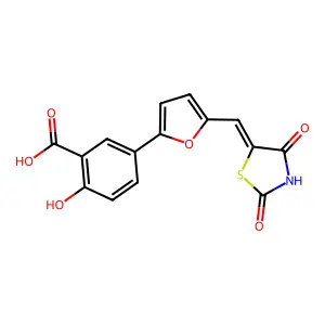 5-[5-(2,4-Dioxo-thiazolidin-5-ylidenemethyl)-furan-2-yl]-2-hydroxy-benzoic acid structure