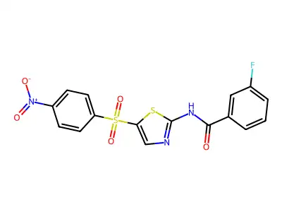 3-fluoro-N-(5-((4-nitrophenyl)sulfonyl)thiazol-2-yl)benzamide structure