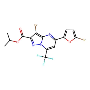isopropyl 3-bromo-5-(5-bromo-2-furyl)-7-(trifluoromethyl)pyrazolo[1,5-a]pyrimidine-2-carboxylate structure
