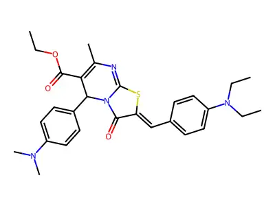 (Z)-ethyl 2-(4-(diethylamino)benzylidene)-5-(4-(dimethylamino)phenyl)-7-methyl-3-oxo-3,5-dihydro-2H-thiazolo[3,2-a]pyrimidine-6-carboxylate structure