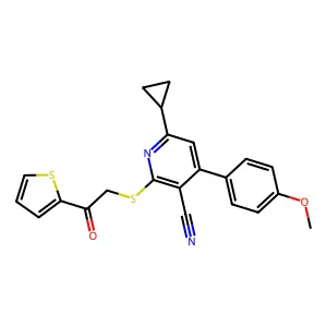 6-cyclopropyl-4-(4-methoxyphenyl)-2-((2-oxo-2-(thiophen-2-yl)ethyl)thio)nicotinonitrile structure
