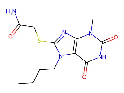 2-((7-butyl-3-methyl-2,6-dioxo-2,3,6,7-tetrahydro-1H-purin-8-yl)thio)acetamide structure
