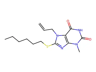7-allyl-8-(hexylthio)-3-methyl-1H-purine-2,6(3H,7H)-dione structure