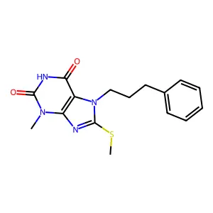 3-methyl-8-(methylthio)-7-(3-phenylpropyl)-1H-purine-2,6(3H,7H)-dione structure