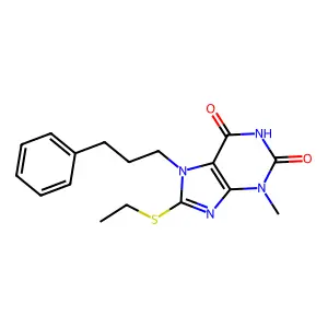 8-(ethylthio)-3-methyl-7-(3-phenylpropyl)-1H-purine-2,6(3H,7H)-dione structure