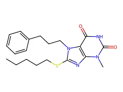 3-methyl-8-(pentylsulfanyl)-7-(3-phenylpropyl)-3,7-dihydro-1H-purine-2,6-dione structure