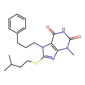 3-Methyl-8-(3-methylbutylsulfanyl)-7-(3-phenylpropyl)purine-2,6-dione structure
