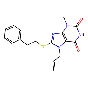 7-allyl-3-methyl-8-(phenethylthio)-1H-purine-2,6(3H,7H)-dione structure