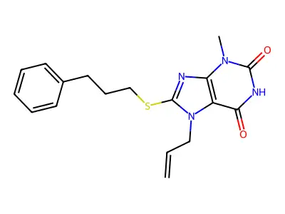 3-Methyl-8-(3-phenylpropylsulfanyl)-7-prop-2-enylpurine-2,6-dione structure