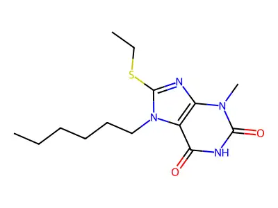 8-(ethylthio)-7-hexyl-3-methyl-1H-purine-2,6(3H,7H)-dione structure