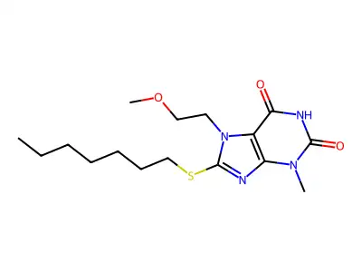 8-(heptylthio)-7-(2-methoxyethyl)-3-methyl-1H-purine-2,6(3H,7H)-dione structure