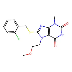 8-((2-chlorobenzyl)thio)-7-(2-methoxyethyl)-3-methyl-1H-purine-2,6(3H,7H)-dione structure