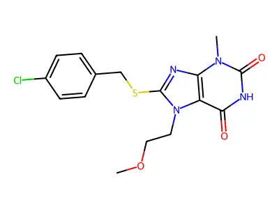 8-((4-chlorobenzyl)thio)-7-(2-methoxyethyl)-3-methyl-1H-purine-2,6(3H,7H)-dione structure