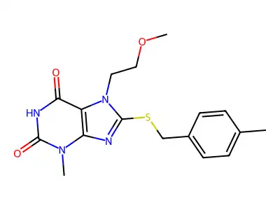 7-(2-methoxyethyl)-3-methyl-8-((4-methylbenzyl)thio)-1H-purine-2,6(3H,7H)-dione structure