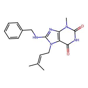 8-(benzylamino)-3-methyl-7-(3-methylbut-2-en-1-yl)-1H-purine-2,6(3H,7H)-dione structure