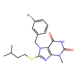 7-(3-bromobenzyl)-8-(isopentylsulfanyl)-3-methyl-3,7-dihydro-1H-purine-2,6-dione structure