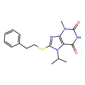 7-isopropyl-3-methyl-8-(phenethylthio)-1H-purine-2,6(3H,7H)-dione structure