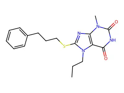 3-methyl-8-((3-phenylpropyl)thio)-7-propyl-1H-purine-2,6(3H,7H)-dione structure