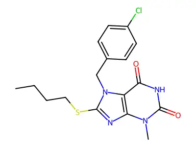 8-(butylsulfanyl)-7-(4-chlorobenzyl)-3-methyl-3,7-dihydro-1H-purine-2,6-dione structure