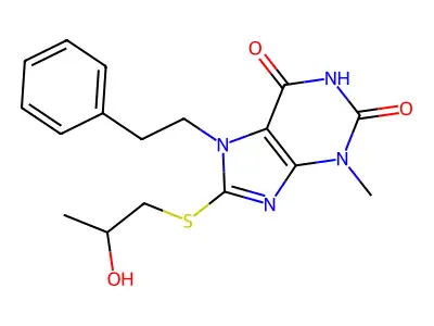 8-((2-hydroxypropyl)thio)-3-methyl-7-phenethyl-1H-purine-2,6(3H,7H)-dione structure